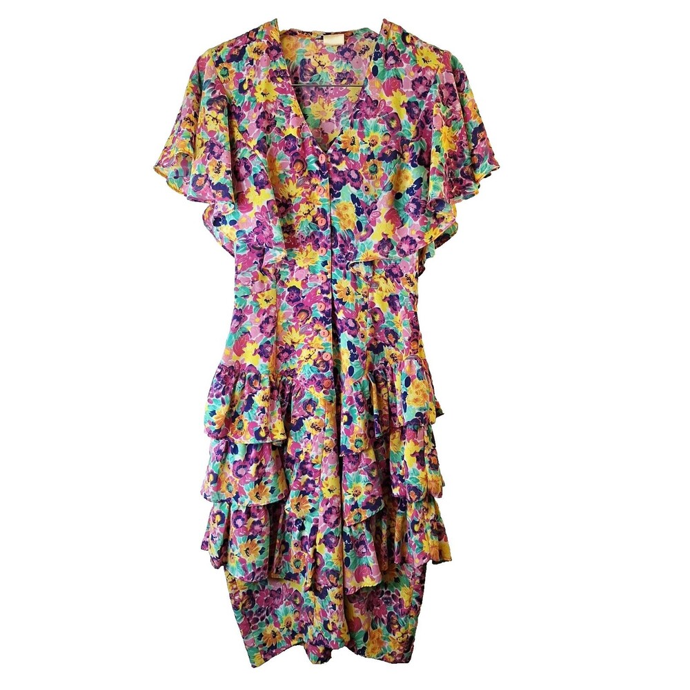 Vtg SANDY SANDY 80'S Floral‎ Print Dress Sz S Ruffles Easter Spring Retro Fairy